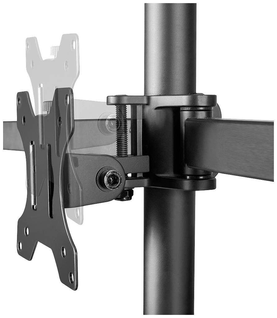 Black monitor mount with a movable swing arm on a vertical pole, suitable for flat screens, side profile view.