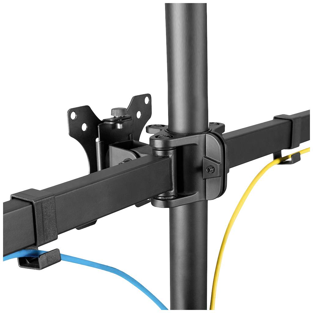 An adjustable monitor arm made of black metal with a cable management system. Two cables are secured, in yellow and blue.