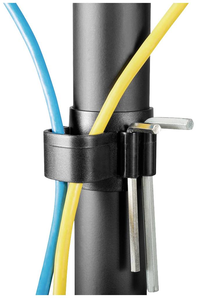 Cable clip made of black plastic holds yellow and blue cables to a black pipe. Two Allen keys are inserted in the mounting bracket.