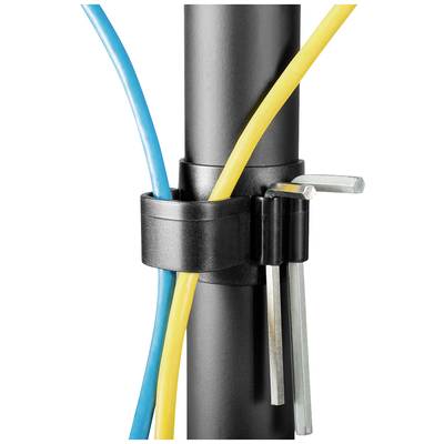 Cable clip made of black plastic holds yellow and blue cables to a black pipe. Two Allen keys are inserted in the mounting bracket.