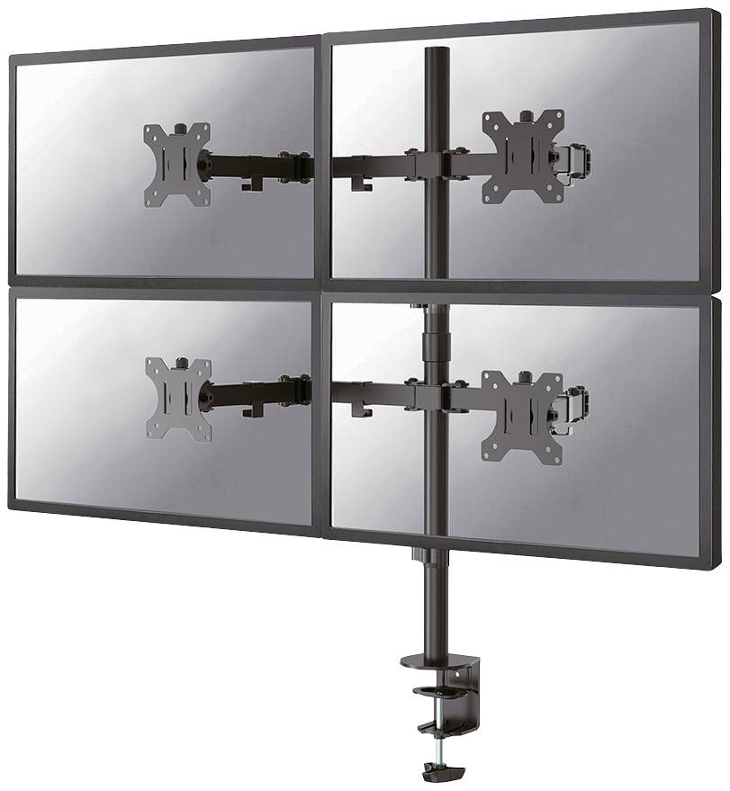 Four monitors mounted in a 2x2 grid on a vertical mounting bracket, suitable for multifunctional workspaces.