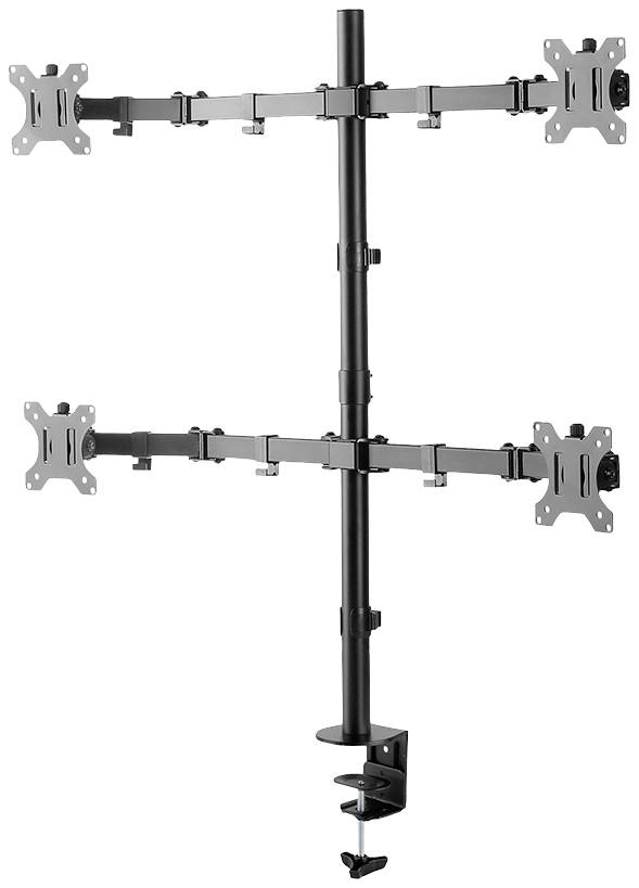 Metal monitor mount, holds four screens. Vertical design with height-adjustable pole mounting, suitable for desks.