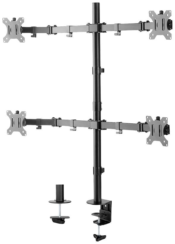 Four-monitor mounting bracket, vertically oriented, with sturdy desk clamp, black.