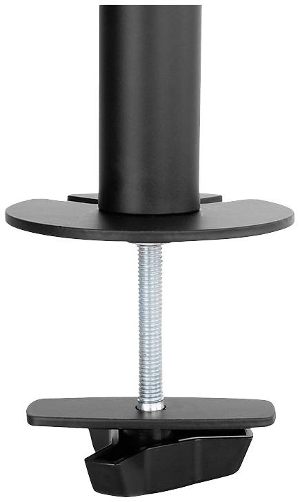 Metal table clamp for securing a vertical rod, with a screw mechanism designed for firm attachment to a table edge.