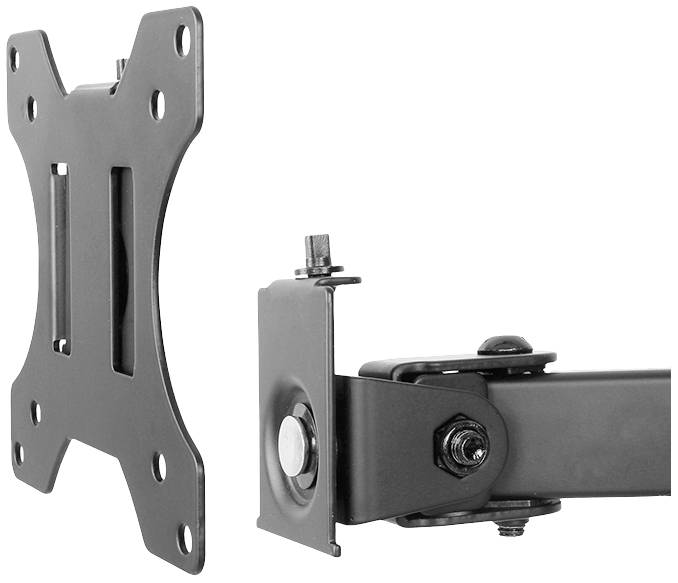 Wall mount for monitors, consisting of two parts: a rectangular plate with holes on the left and a pivoting connection piece on the right.