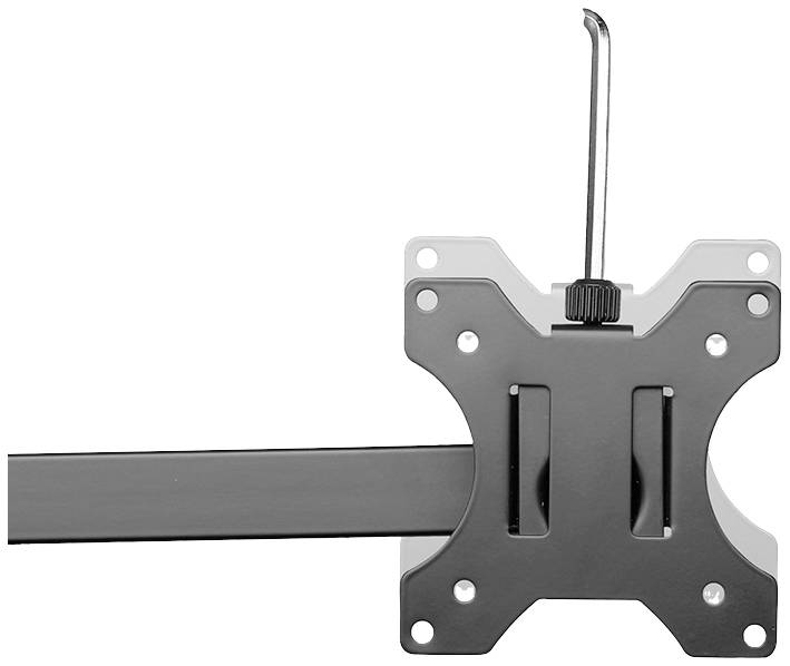 Metal monitor mount in black and grey, with adjustable arm and screw holes for wall or desk mounting.