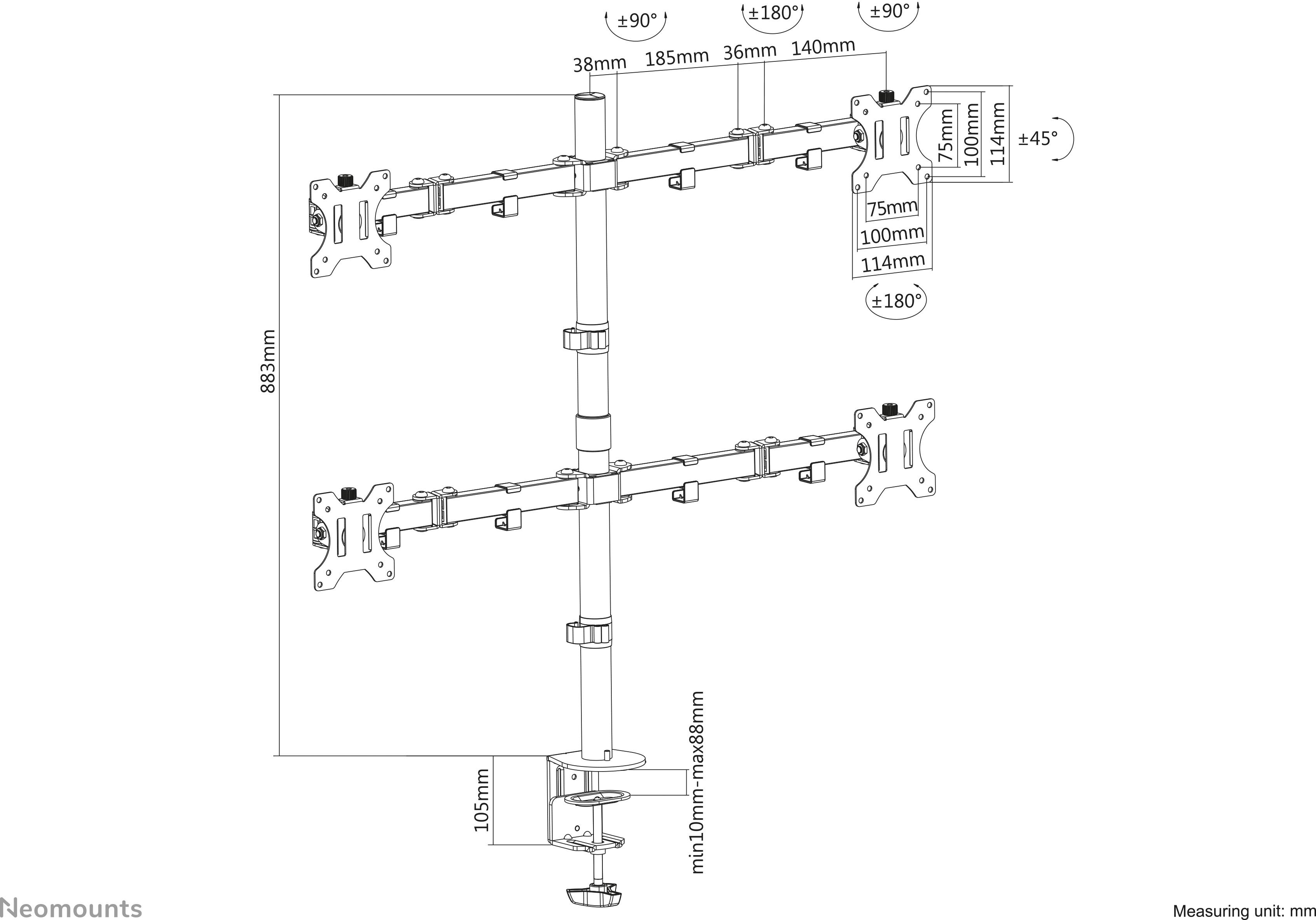 'Double monitor mount with four VESA mounts, adjustable in height and tilt. Total height 888 mm. Dimensions in millimetres.'