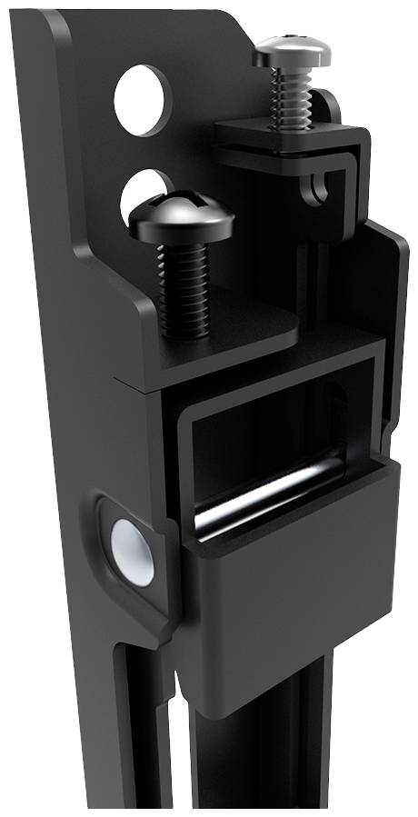 Close-up of a black metal fitting with screws and mounting bracket used for securing to surfaces.