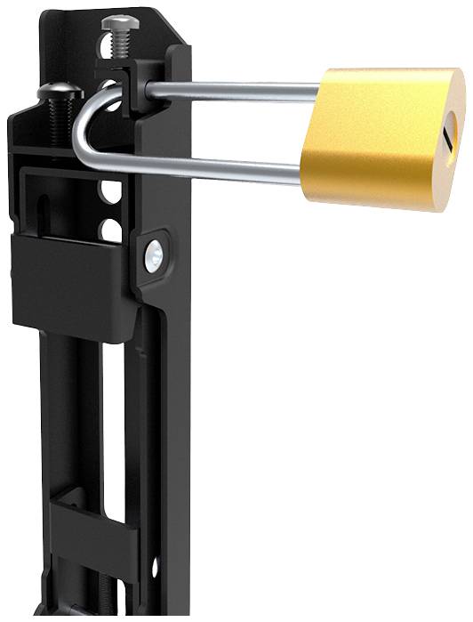 A black metal bolt with a yellow padlock securing the locking mechanism.