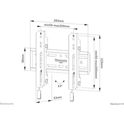 Diagram of a TV wall mount with adjustable rails (min 50 mm to max 200 mm), total height 225 mm, width 283 mm.