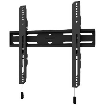 Black television wall mount, with adjustable arms and screw holes for wall mounting.