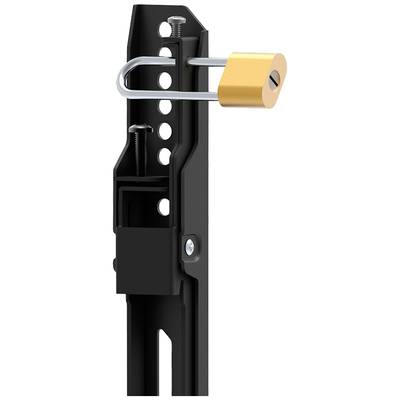 A black metal profile with several round holes, through which a U-shaped metal bracket runs, secured with a golden padlock.