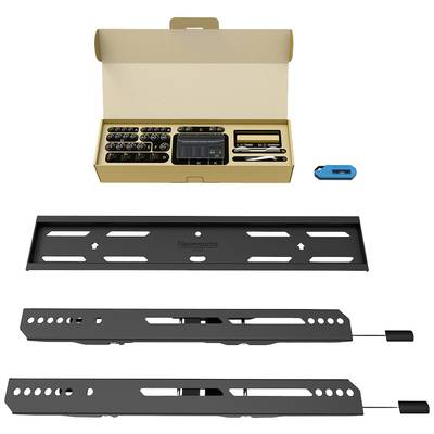 A mounting kit for wall brackets, consisting of screws, a tool box, a wall plate and two mounting rails.