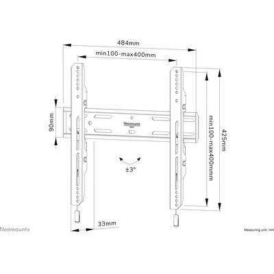 'Technical drawing of a TV wall mount by Neomounts. Dimensions: Width 484mm, Height 425mm, Adjustment range 100-400mm, Tilt ±3°.'