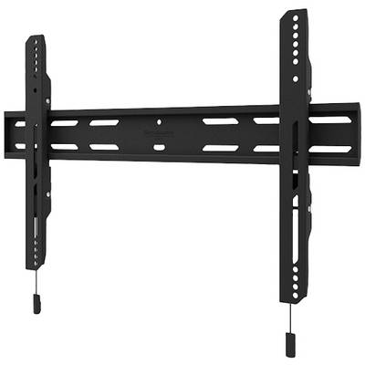 A black television wall mount with adjustable rails and hooks.