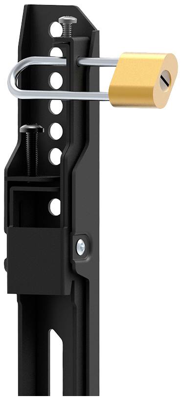 Padlock secures a metallic, perforated rod with an attached mounting bracket.