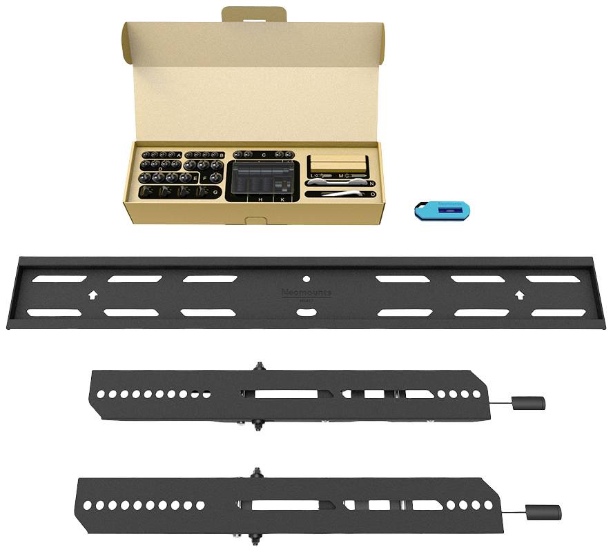 TV wall mount with mounting materials and tools in an opened package. Allen key set, screws, and installation manual visible.