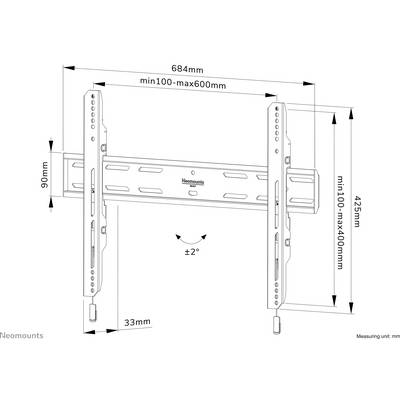 'TV Wall Mount, Adjustable. Dimensions: Width 684mm, Height 425mm. Supports Screen Widths from 100–600mm, Heights from 100–400mm.'