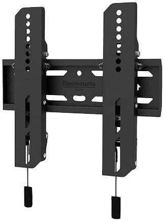A black wall mount for televisions or monitors with adjustable rails and security locks.