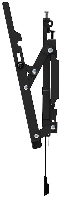 Black mechanical component with lever and hinge structure, multiple connection points and mounting elements.