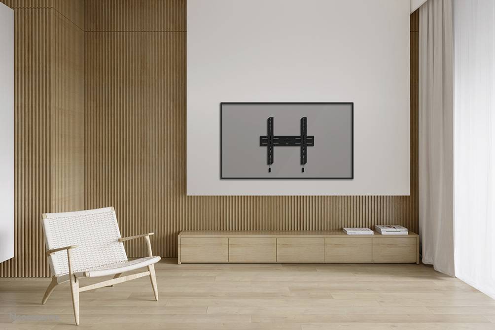 Modern living room with light wooden decor, a simple chair and minimalist TV wall mount on a white wall next to a large window.