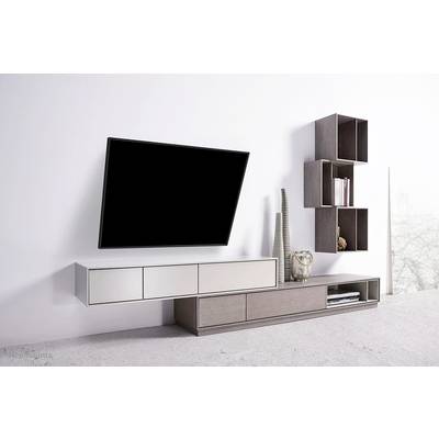 Modern living room wall with an angled flatscreen television, floating sideboard and open shelves. Minimalist design.