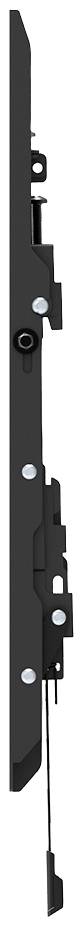 A vertically oriented, black metal part with multiple holes and protrusions. Probably a component of a mechanical device.