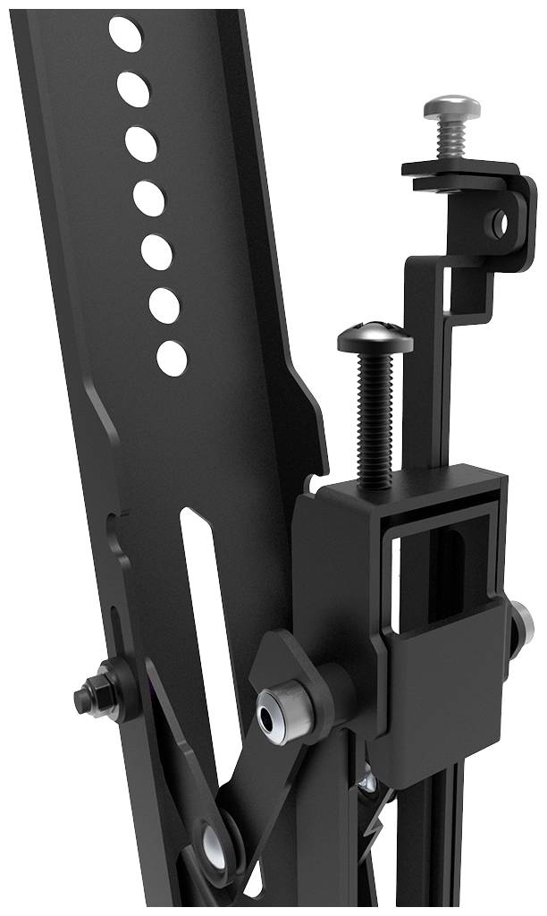 Close-up of an adjustable metal frame with screws and bolts; shows details of the mechanism for height adjustment.