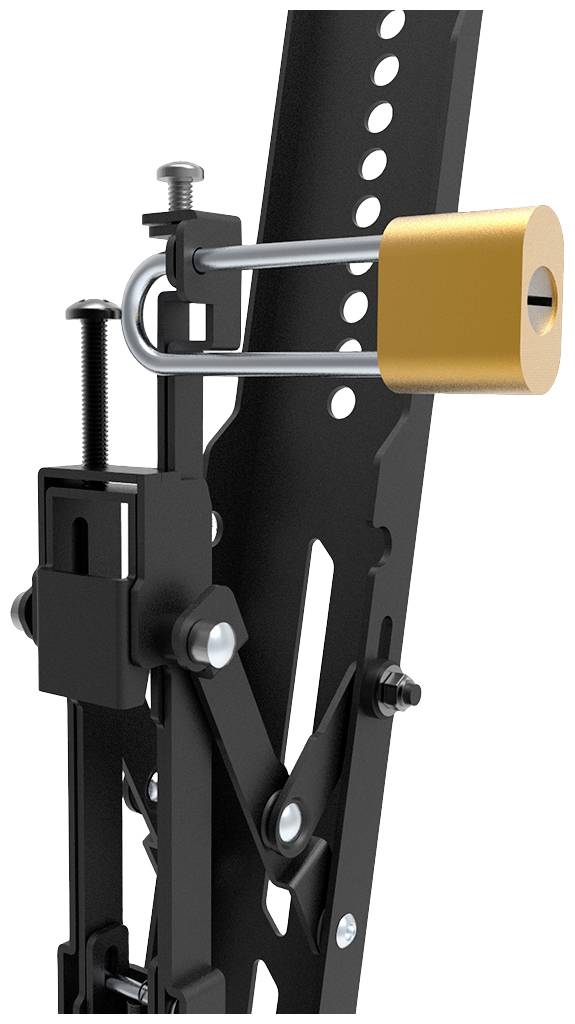A metal frame with holes and an orange padlock; a mechanical component used for securing or adjusting when fastened.