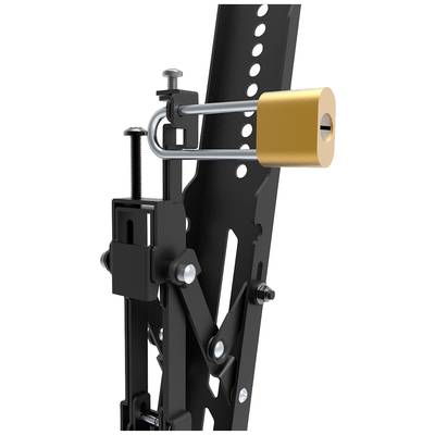 A metal frame with holes and an orange padlock; a mechanical component used for securing or adjusting when fastened.