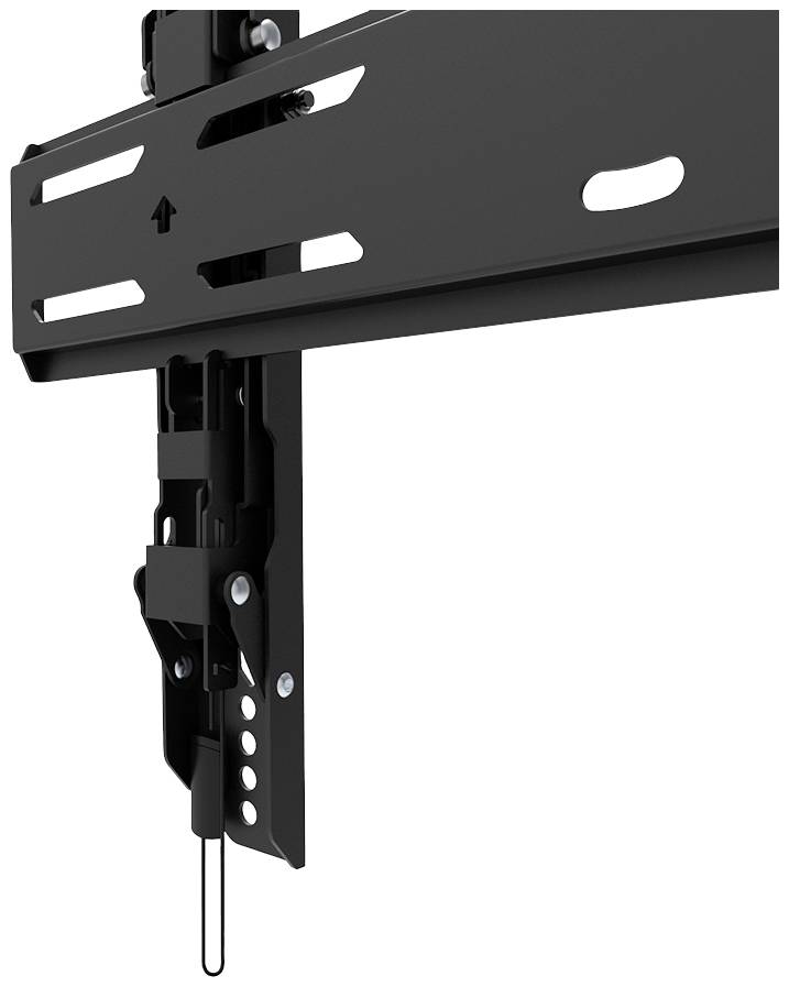 Black metal wall mounting bracket with adjustable elements and screws for securing.