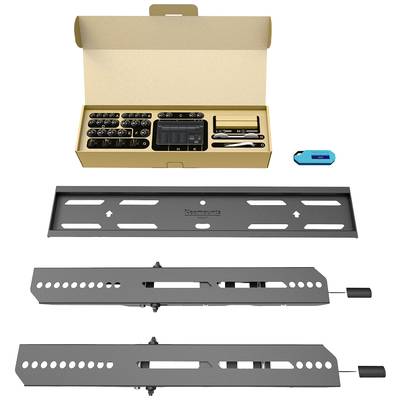 A television wall mounting kit, comprising mounting rails, screws, and a measuring tool. Packaging in the background.