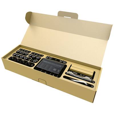 Opened packaging with electronic device, buttons, charging cable, and accessories. Contains alphabetical labels on individual parts.