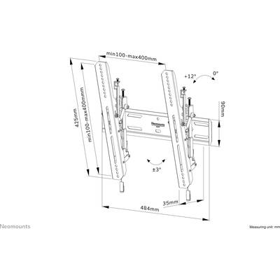 'Illustration of a TV wall mount with tilt settings. Dimensions and tilt angles are shown, including min. and max. sizes.'