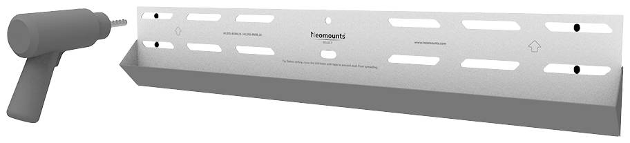 Metal bracket with slots for wall mounting and drill machine on the left.