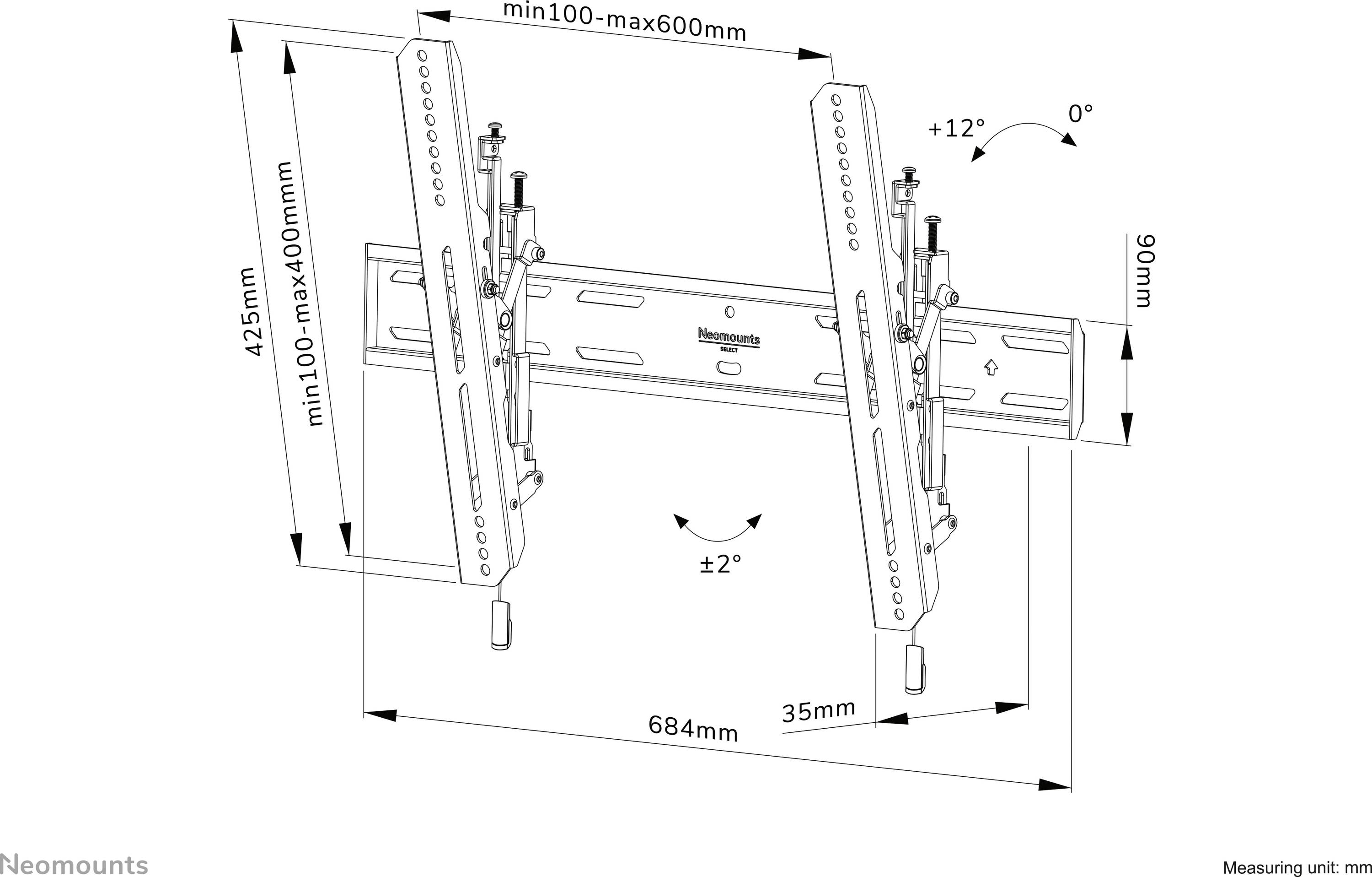 Wall mounting bracket diagram with tilt adjustment settings. Width: 684mm, Height: 425mm. Adjustable for screens between 100-600mm. Tilt ±12 degrees.