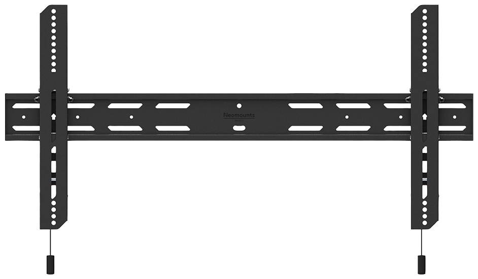Black wall mount for televisions, flat, suitable for large screens, with adjustable screw connections.