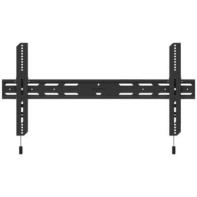 Black wall mount for televisions, flat, suitable for large screens, with adjustable screw connections.