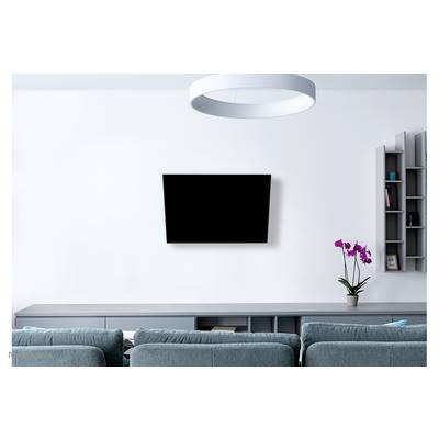 A modern living room with a grey sofa and television mounted on the white wall. A pink orchid sits on a sideboard beneath the TV.