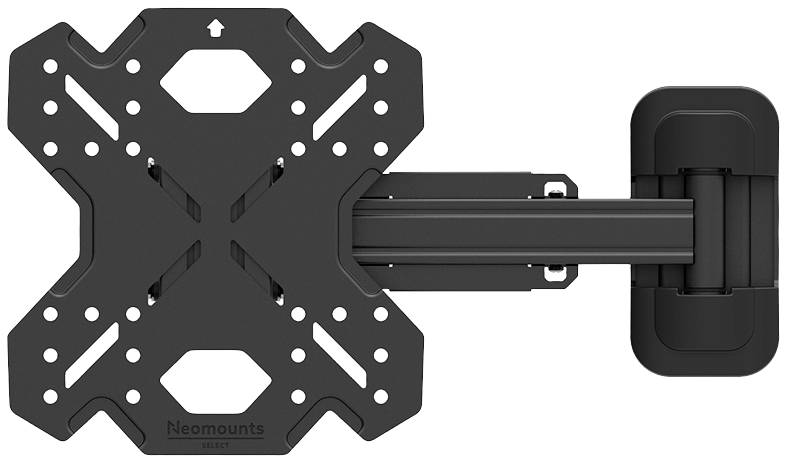 Black, adjustable TV wall mount with pivoting and extendable arm. Suitable for various screen sizes.