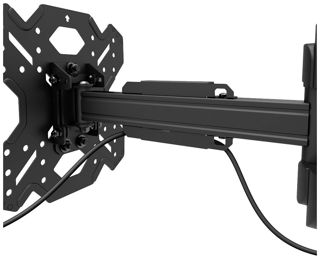 Pivoting wall-mounted TV bracket with cable management, supporting a flat screen and capable of swivelling to the left.