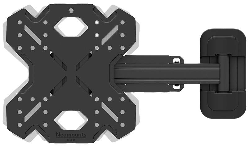 Black metal TV wall mount with tilt and swivel capabilities. Mounting plate in X-shape, right side connected to an extension arm.
