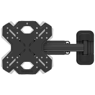 Black metal TV wall mount with tilt and swivel capabilities. Mounting plate in X-shape, right side connected to an extension arm.