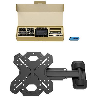 Cardboard packaging with an open lid reveals a screw set with tools. Underneath, a black TV wall mount is pictured.