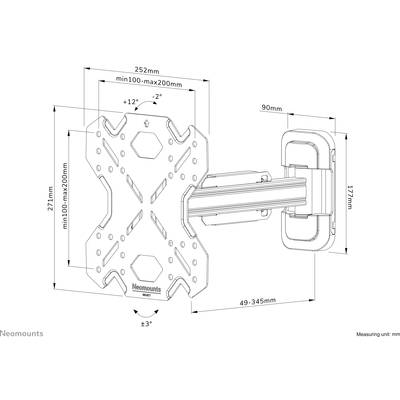 TV Wall Mount, adjustable from 49-345mm, tilt angle -2°/+12°, swivel angle ±3°, compatible with VESA 100x100 to 200x200mm.