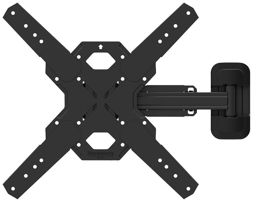 Black, wall-mounted TV bracket with an extendable arm and adjustable mounting arms, suitable for flat-screen televisions.