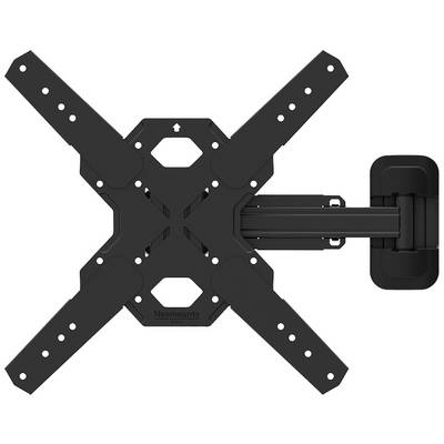 Black, wall-mounted TV bracket with an extendable arm and adjustable mounting arms, suitable for flat-screen televisions.