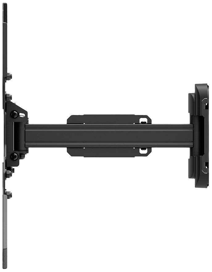 Side view of a black, adjustable monitor mount installed on a wall. The mounting arm is extended.