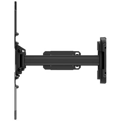 Side view of a black, adjustable monitor mount installed on a wall. The mounting arm is extended.