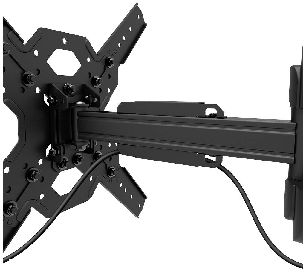 TV wall mount in black, adjustable with cable management on the left. Suitable for various screen sizes.